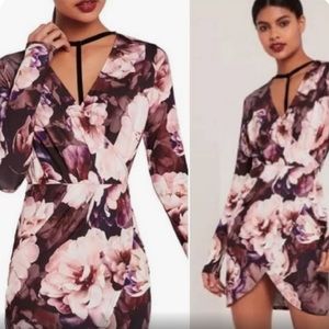 Missguided Purple Floral Faux Wrap Around Mini Dress Size 2